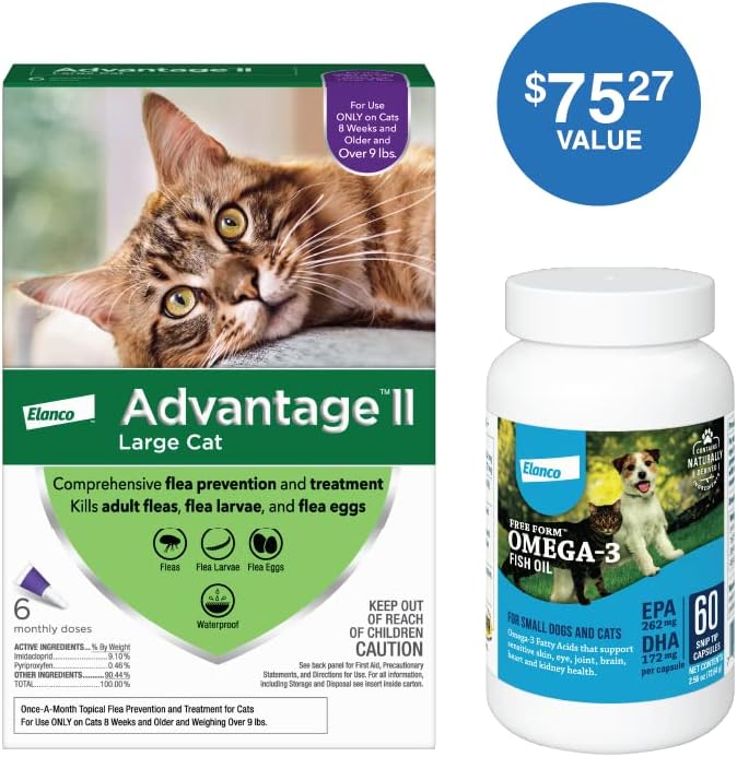 Advantage II Vet-Recommended Flea Prevention for Large Cats and Free Form Omega-3 Fish Oil Snip Tips for Small Dogs and Cats | 6-Pack + 60-Count