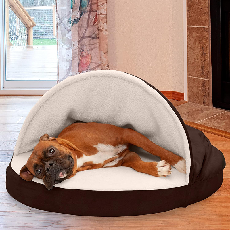 Furhaven 35″ Round Memory Foam Cave bed for large dogs Offers comfort.